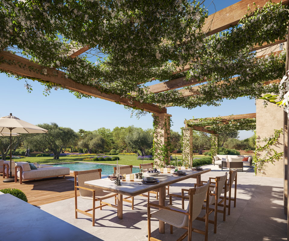 Render of a new-build finca with gabled brick facades, stone base and green-roofed carport pergolas