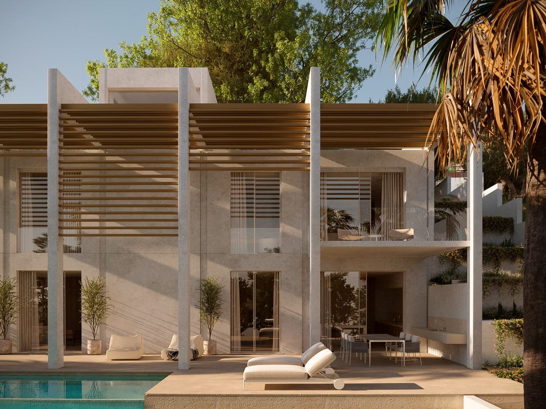 A white two-story villa exterior featuring a large wooden pergola, glass balconies, and a poolside terrace with sun loungers.