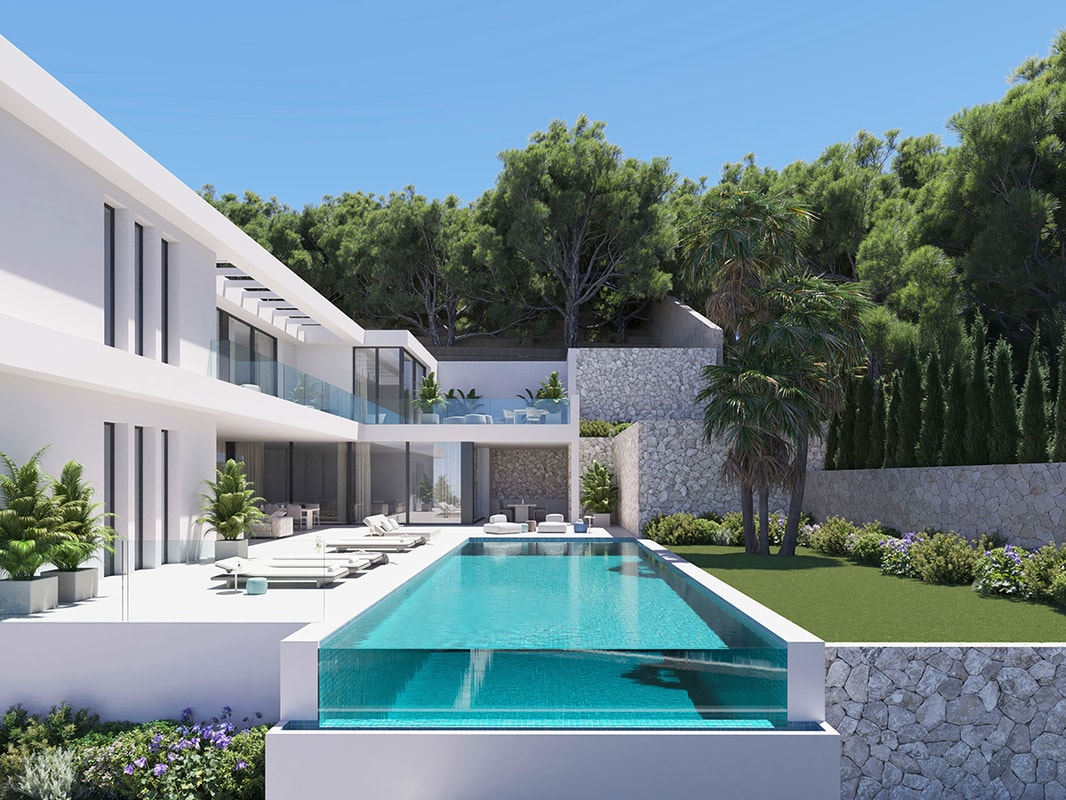 Contemporary white villa with a transparent infinity edge pool, stone terrace, and landscaped garden against a wooded slope.