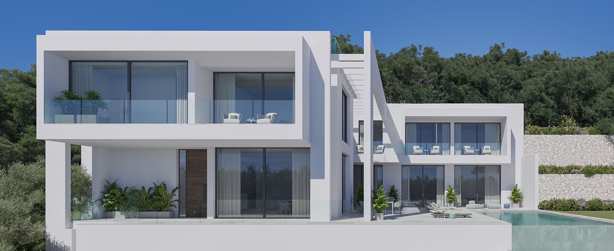 A modern two-story white villa with large floor-to-ceiling glass windows, glass balconies, and a private pool, set against a green hillside.