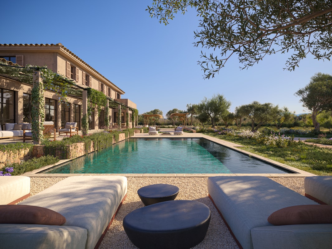 A wide exterior view of a finca with a rectangular swimming pool, gravel patio, sun loungers, and pergola overlooking mountains.
