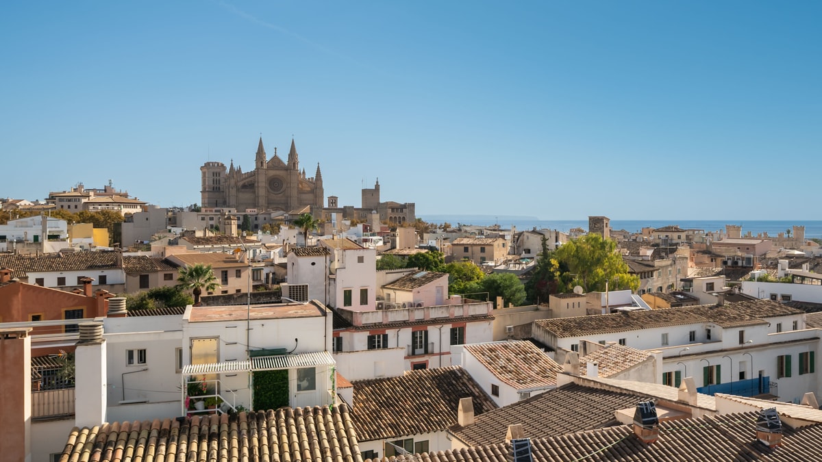 Panoramic rooftop view over Palma Old Town roofs towards the Cathedral and the Mediterranean Sea under a clear blue sky.