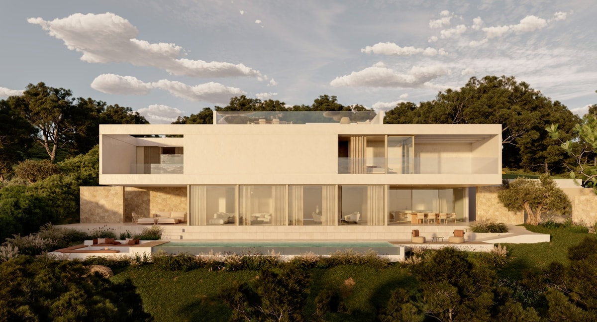 Contemporary villa exterior with pool and terraced garden by day