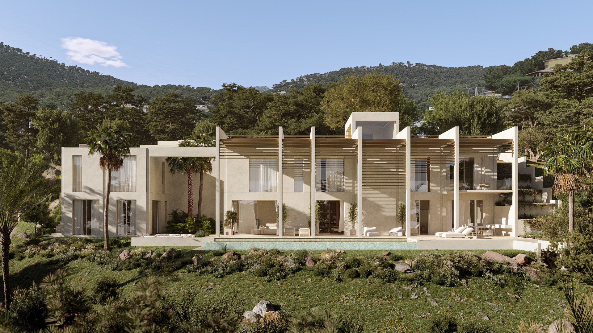 A two-story contemporary villa featuring white concrete pillars, wooden slats, glass walls, and a front swimming pool.