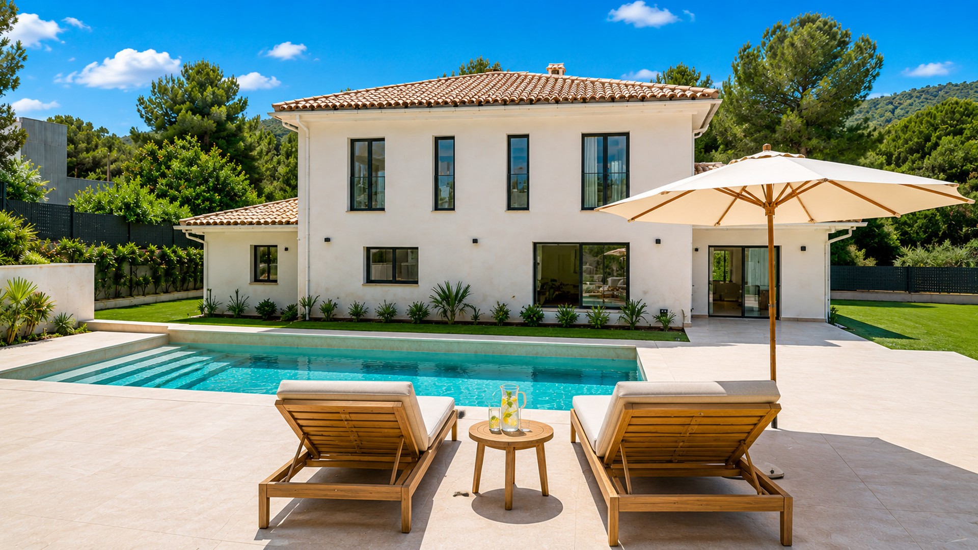Exterior view of a two-story white villa with clay-tiled roof, rectangular pool, and sun loungers on the paved terrace.