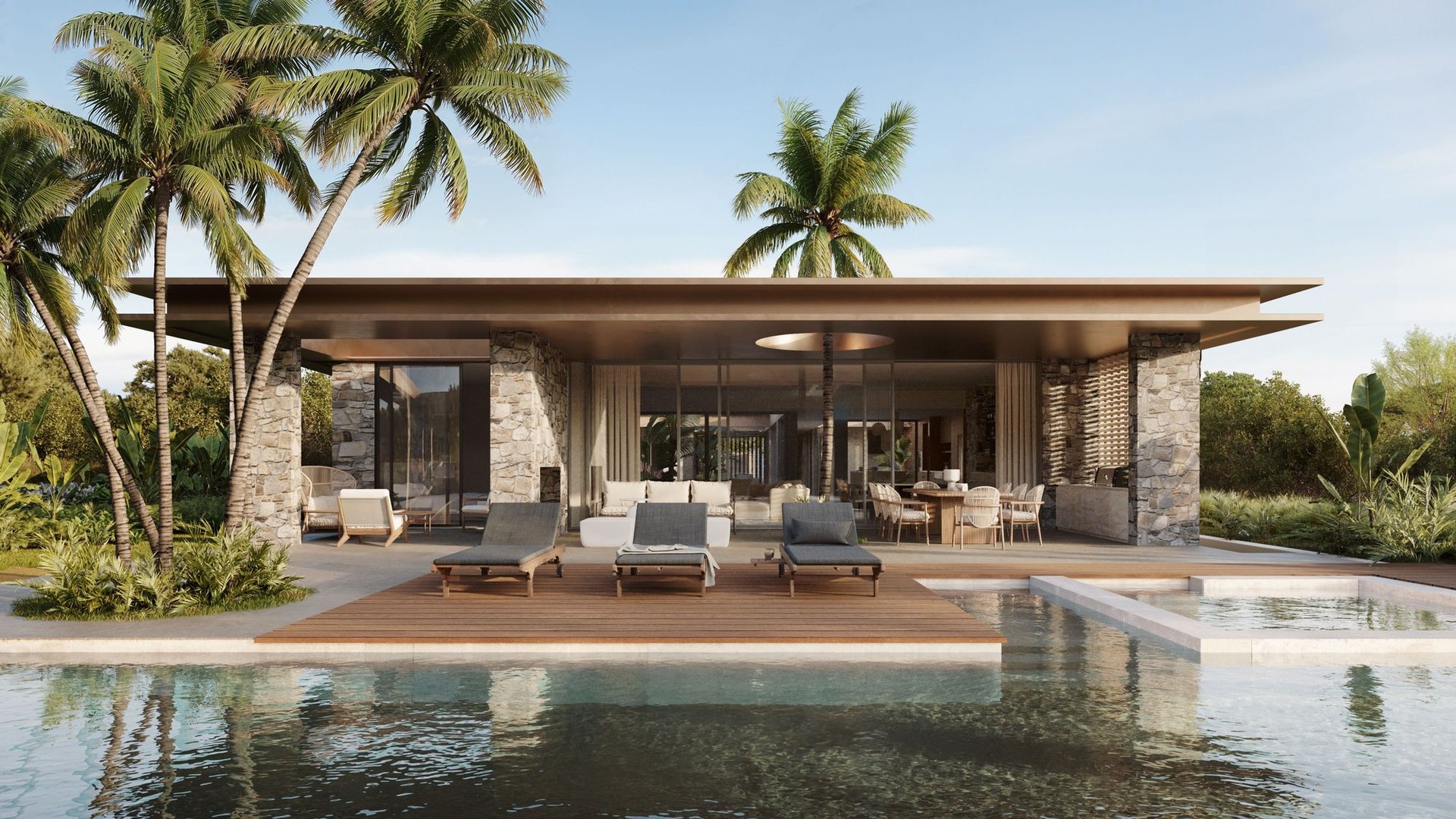 Modern villa facade with a wooden deck, swimming pool, and stone pillars, framed by palm trees under clear sky.