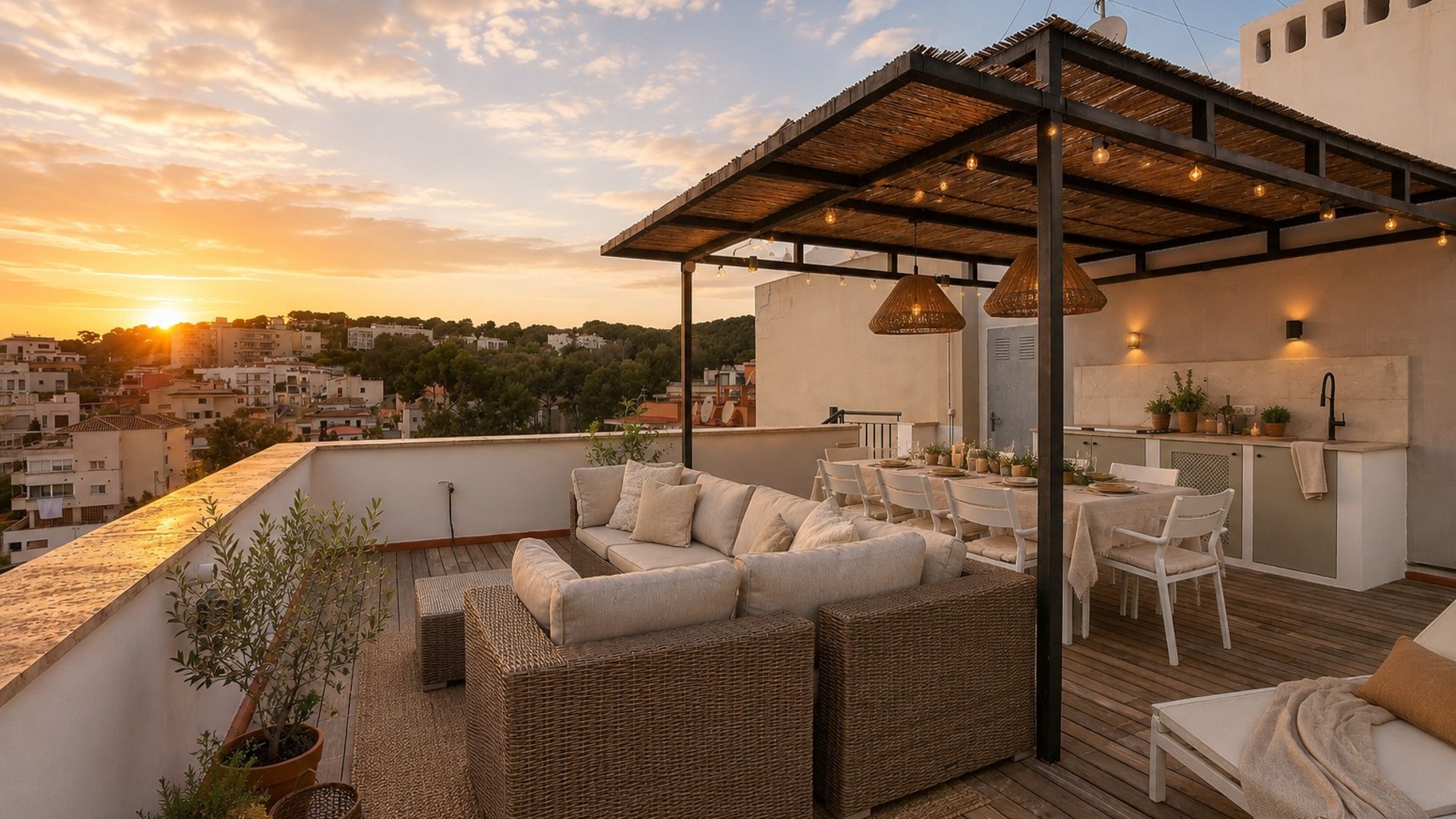 Rooftop terrace with wicker sofa, dining area, and outdoor kitchen at sunset in San Agustin.