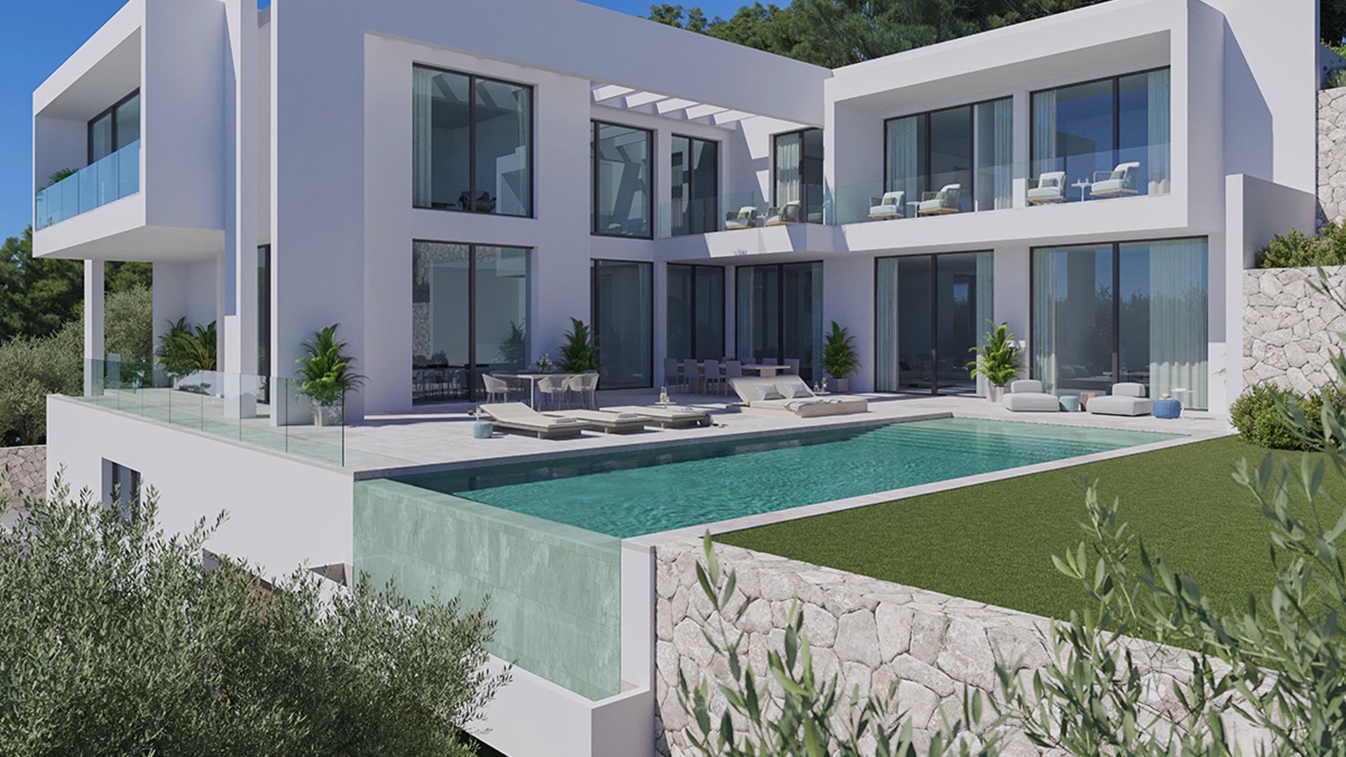 A modern two-story white villa with floor-to-ceiling glass windows and a swimming pool overlooking a mountainous landscape.