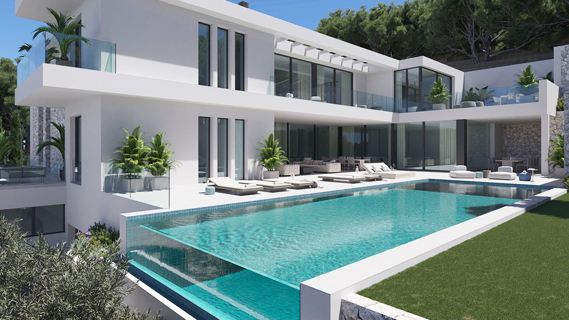 Two-story white modern villa in Son Vida featuring an infinity pool, extensive glass balconies, and landscaped mountain views.