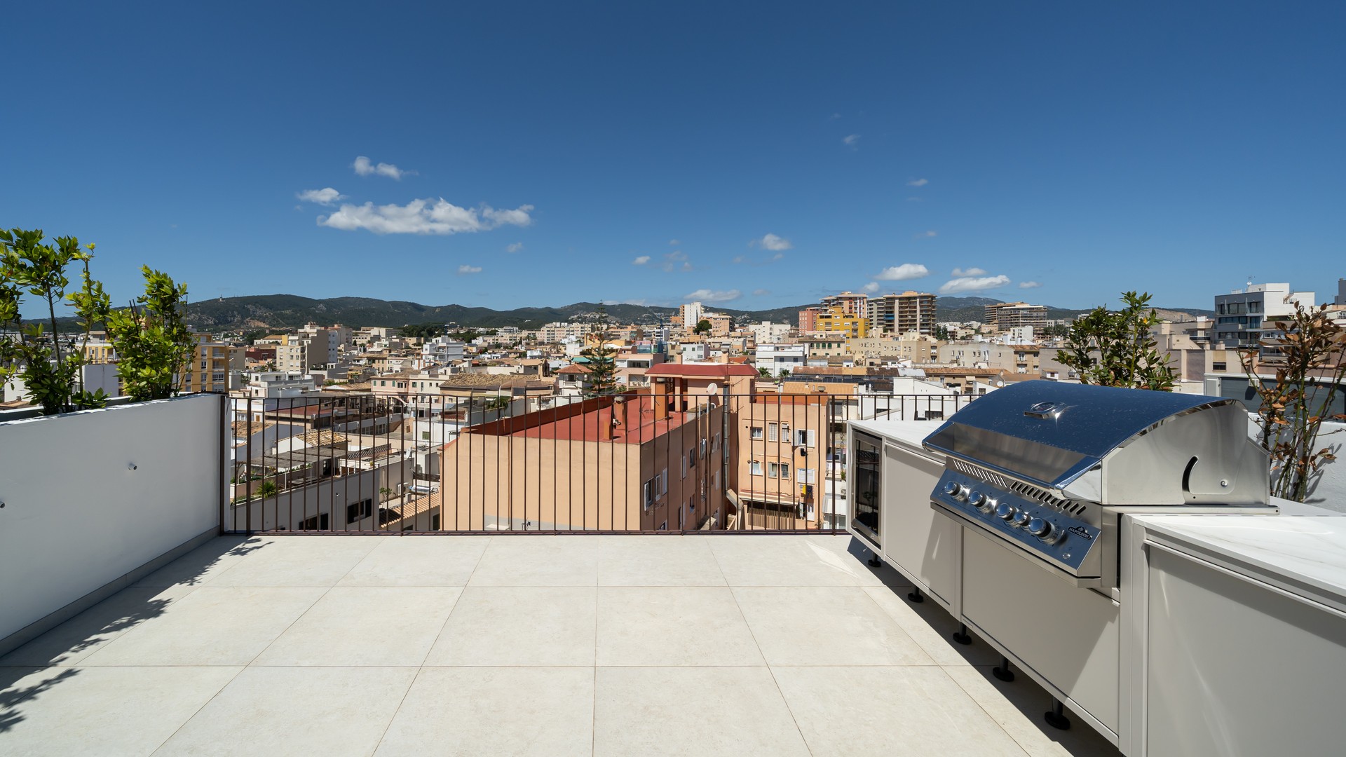 Private rooftop terrace featuring a stainless steel grill, overlooking the cityscape of Santa Catalina.