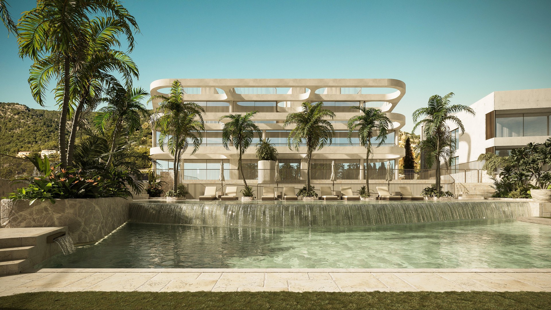 Exterior view of a multi-story apartment building with stacked white balconies and a foreground swimming pool under clear sky.
