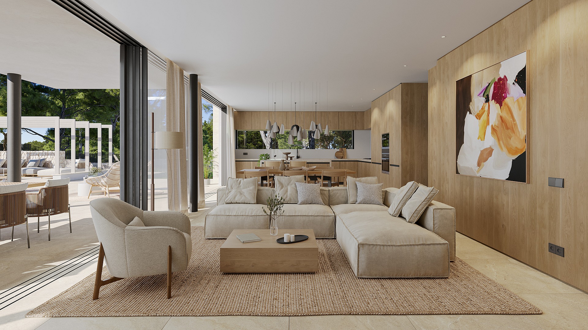 A modern living room with beige sectional sofa, textured area rug, and light wood panel walls, opening onto a sunlit terrace.