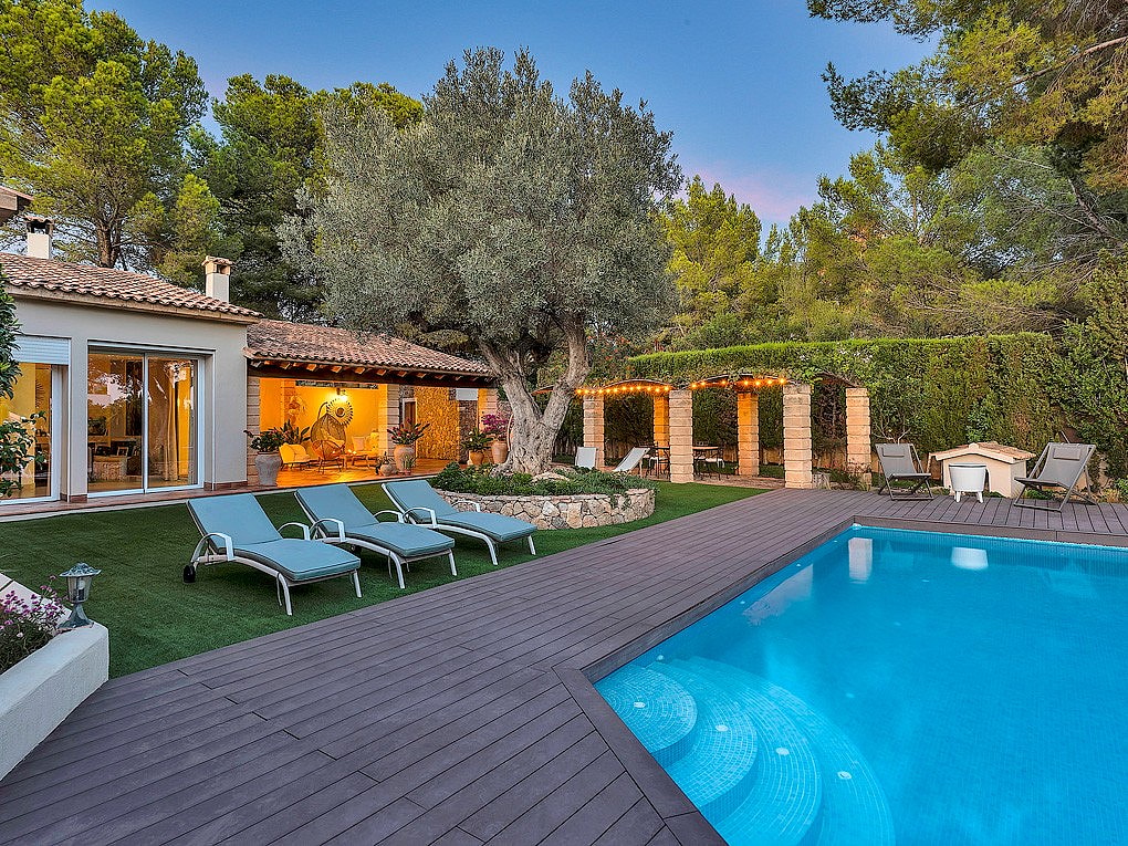Outdoor swimming pool with blue water and timber decking, surrounded by garden, olive tree, and shaded stone terrace.
