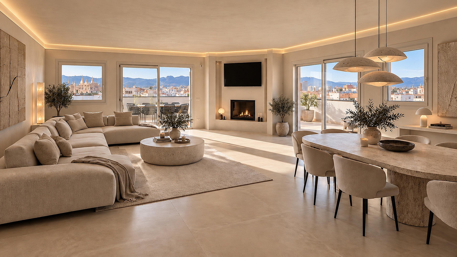 Interior view of an open-plan living area with cream-colored furniture, fireplace, tiled floors, and access to a terrace.