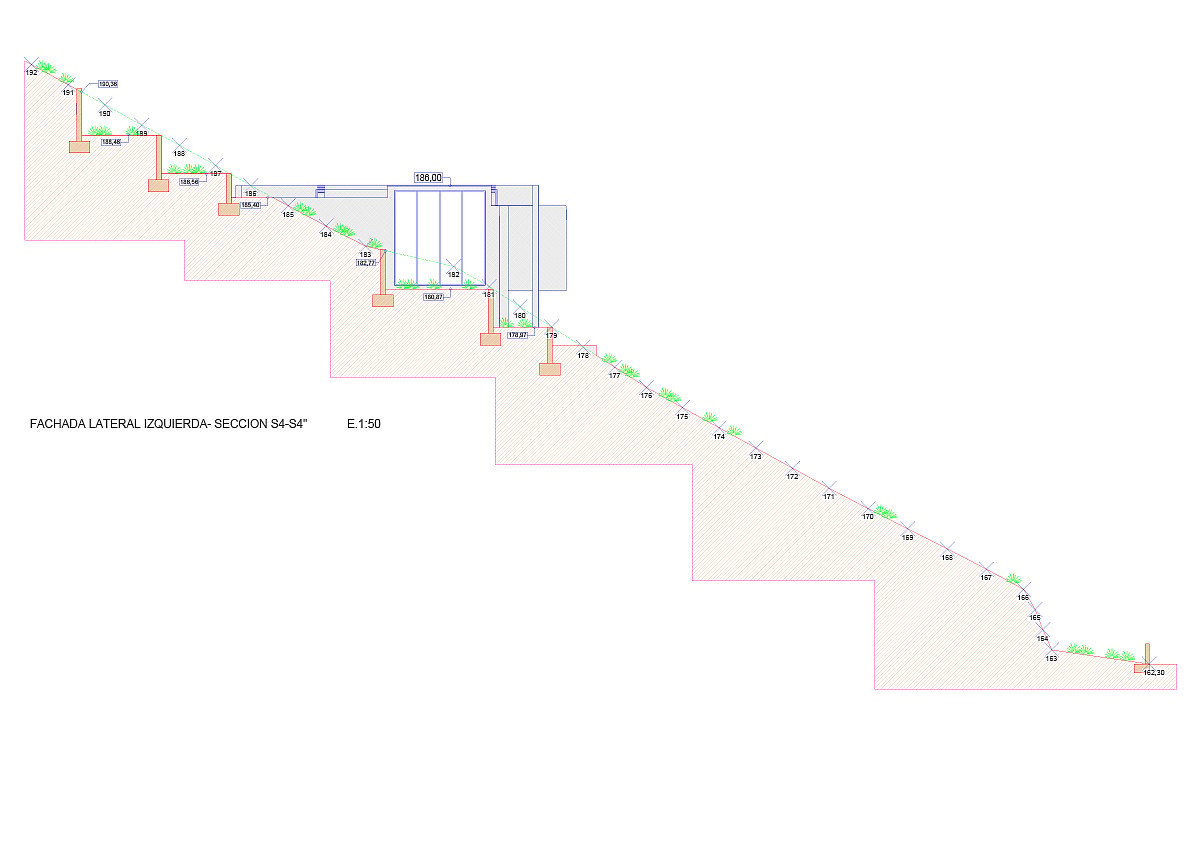 A technical architectural cross-section drawing showing the terraced plot grading and foundation levels for a hillside property.