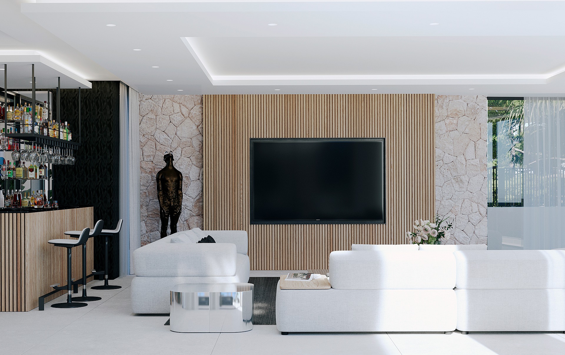 A modern living area featuring a white sofa, a slatted oak wall with a television, a rough stone accent wall, and a home bar.