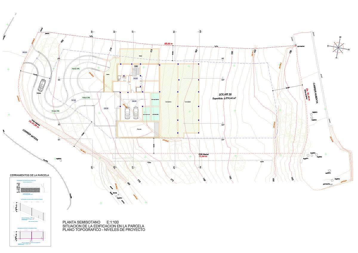 Detailed technical architectural site plan showing the land boundaries, building footprint, and surrounding topography in Son Vida.