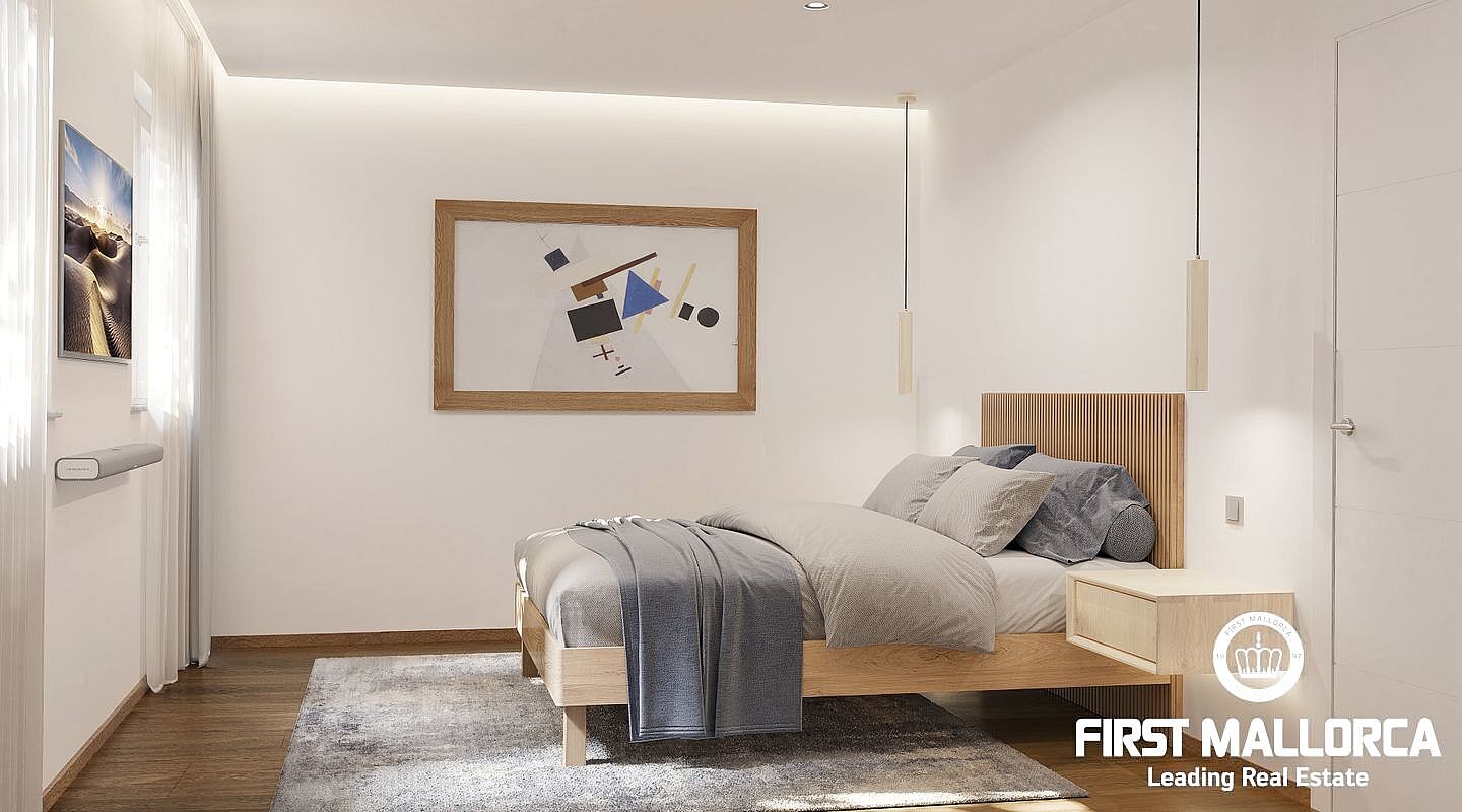 Modern bedroom featuring a wooden bed frame, slatted headboard, plush grey rug, and minimalist lighting against white walls.