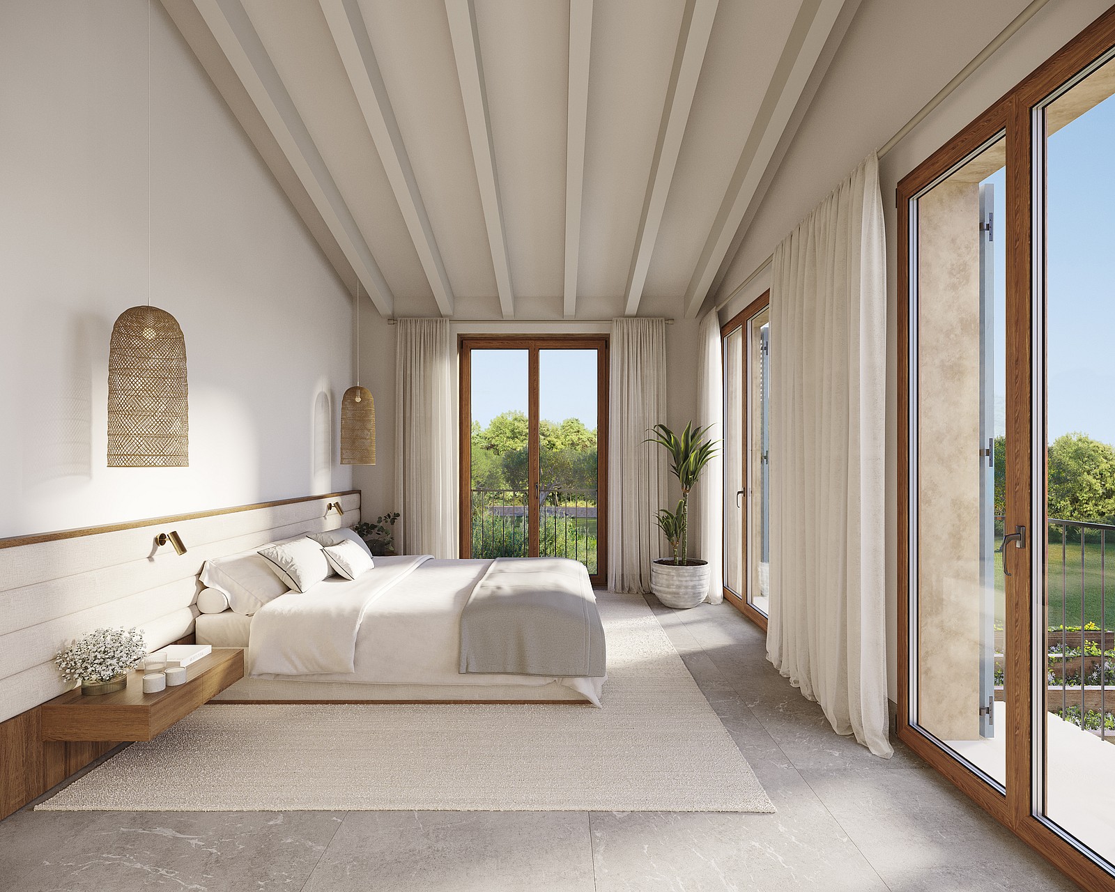 Render of a double bedroom with louvered shutters opening to countryside views