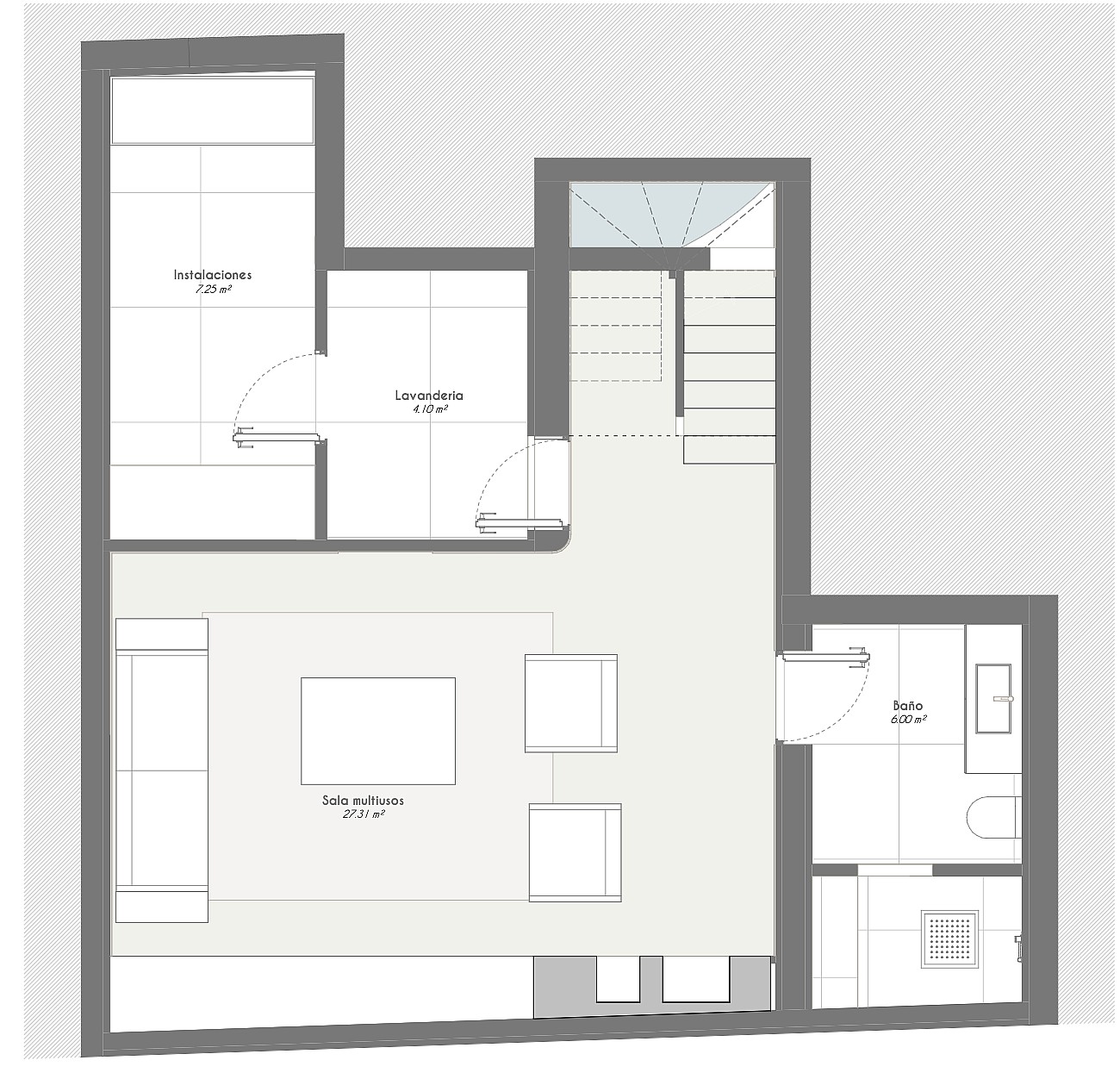 Top-down 2D floor plan layout showing a living area, staircase, and bathroom configuration.