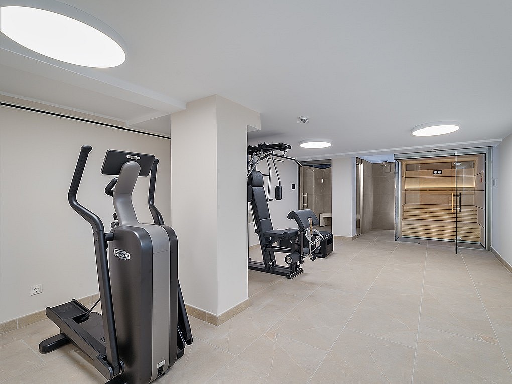 Interior de gimnasio doméstico con elíptica, máquina de musculación y sauna acristalada.