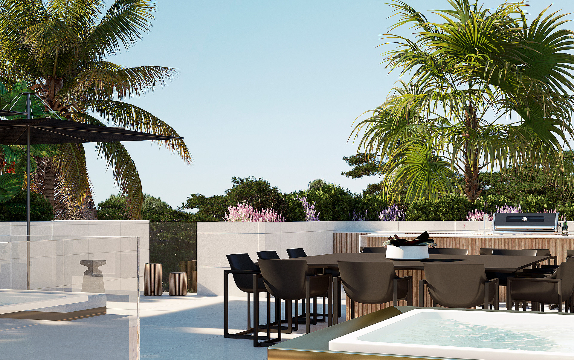 A rooftop terrace featuring a dark dining table and chairs, adjacent to a small pool, surrounded by palm trees and greenery.