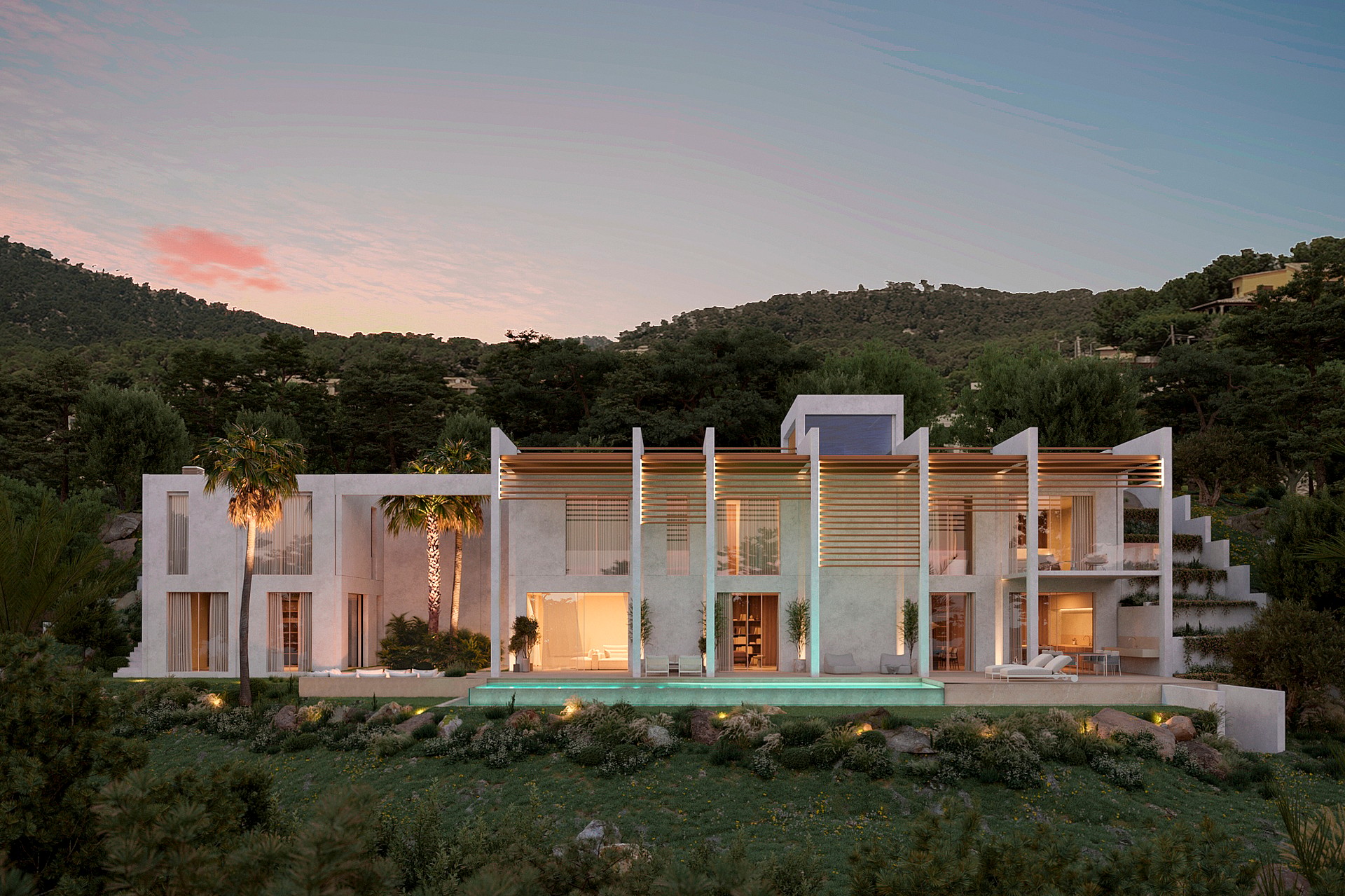 A contemporary two-story white villa featuring vertical privacy louvers and a linear swimming pool at sunset.