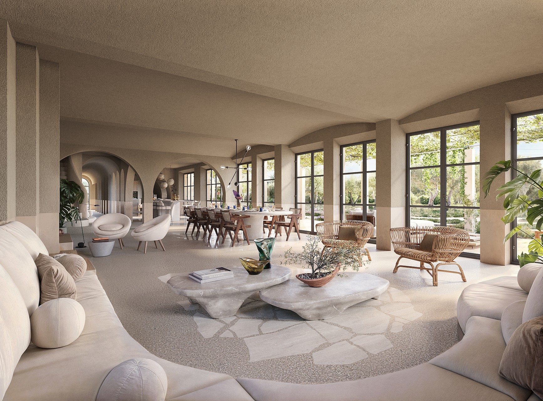 Spacious living and dining room with arched walls, light stone floors, neutral upholstered sofas, and large glass doors.