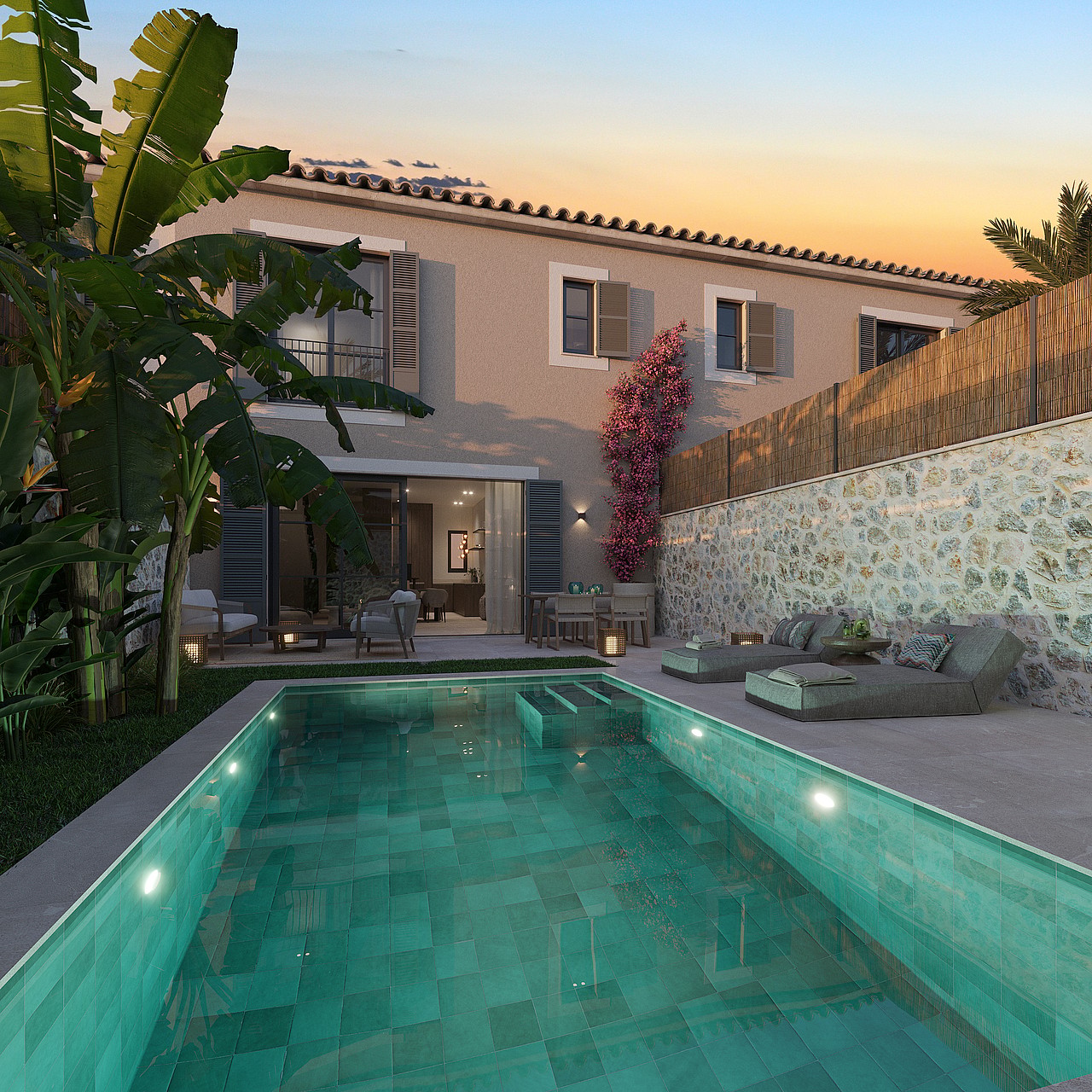 Vue extérieure d'une cour privée avec piscine turquoise, transats et plantes tropicales au crépuscule