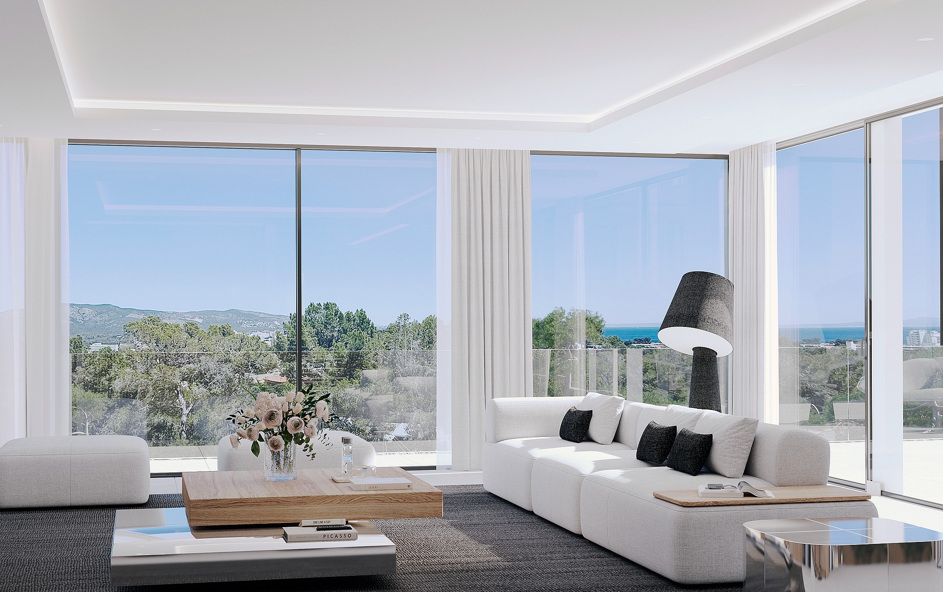 Contemporary living room featuring a white modular sofa, natural wood coffee table, and large glass windows overlooking a landscape.