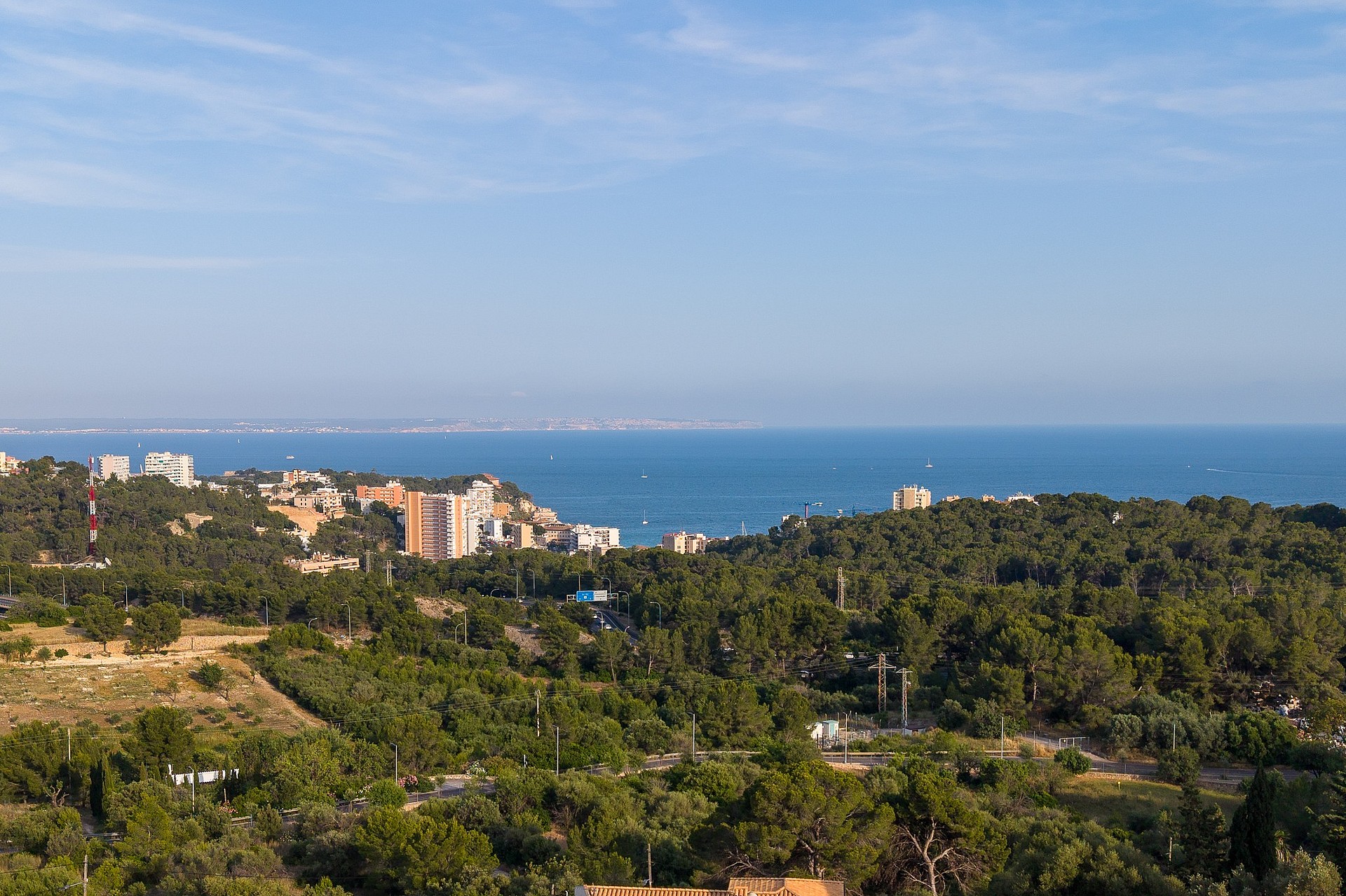 Panoramic view of the coastline and Mediterranean Sea seen from an elevated position above dense pine forest.