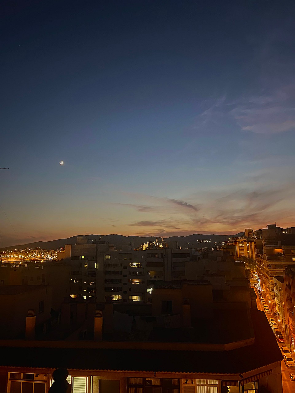 A dusk view over a city with warm street lights and building windows glowing under a twilight sky with a visible moon.