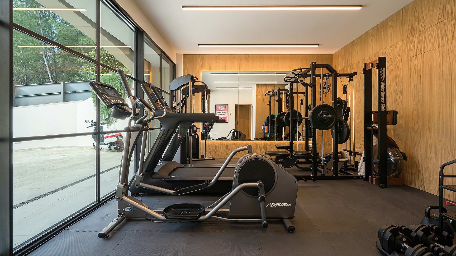 Interior view of a modern gym with black steel-framed windows, wood-paneled walls, and professional strength training gear.