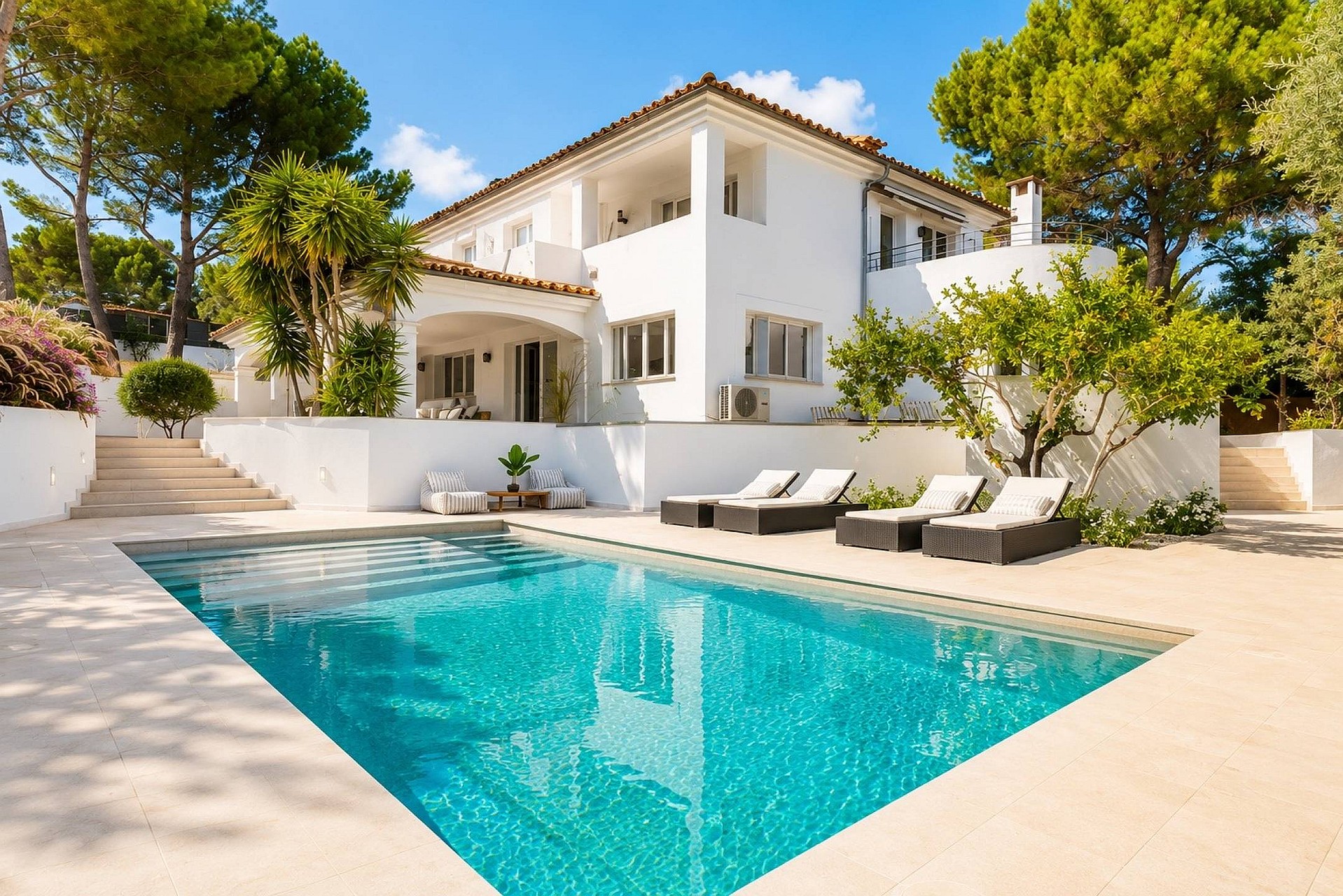 Rear view of a white two-storey villa in Santa Ponsa with rectangular pool, sun loungers and terracotta tile roof