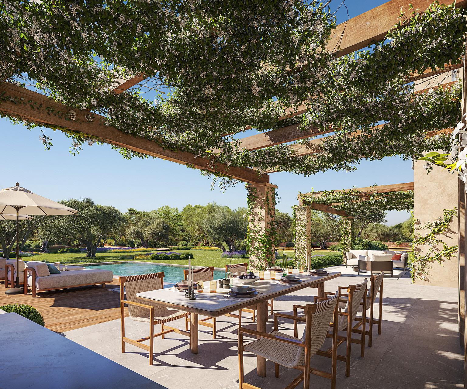 Render of a new-build finca with gabled brick facades, stone base and green-roofed carport pergolas