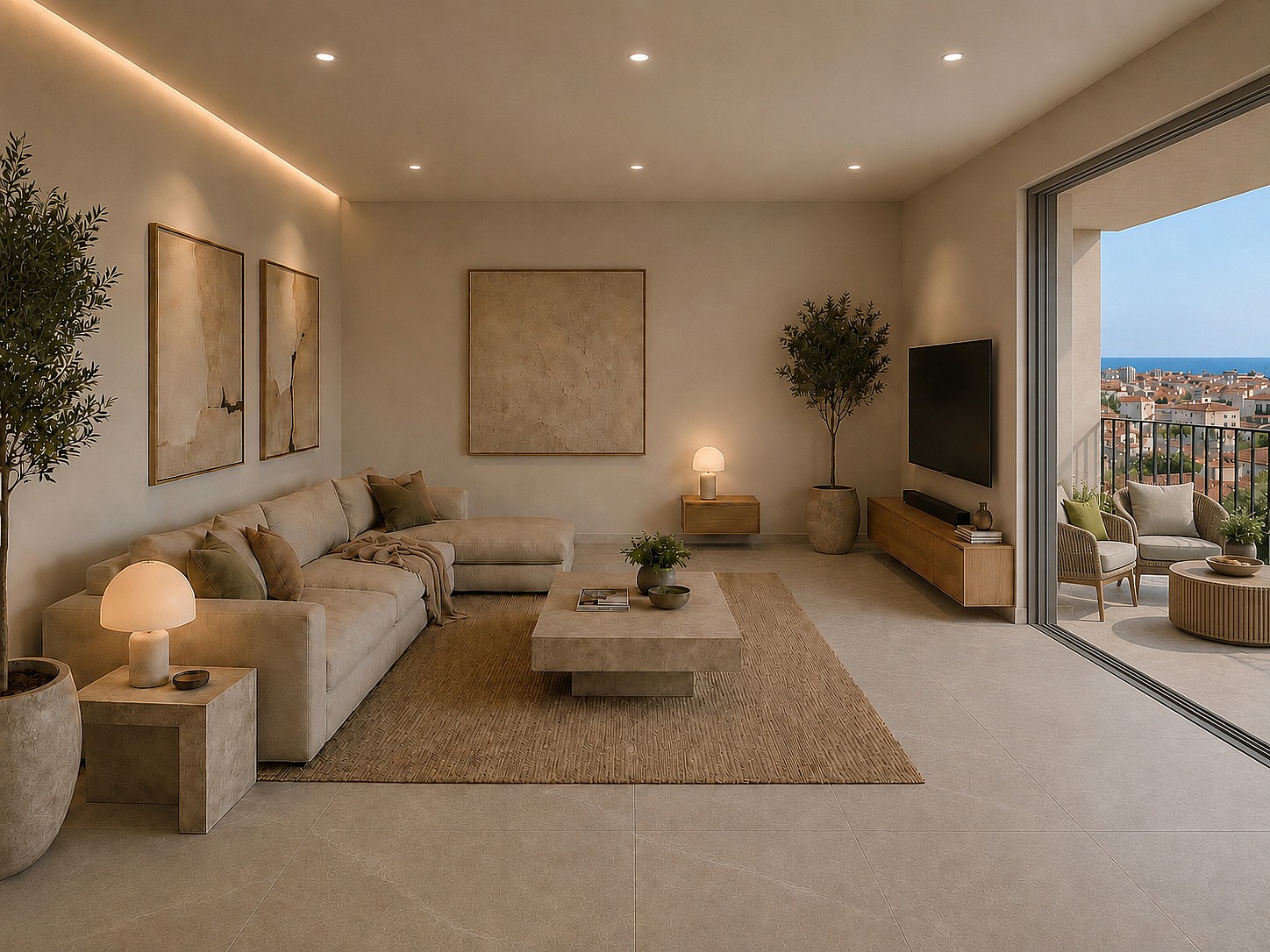 Living room with tv and pocket window doors leading to the outdoor 50 sqm terrace