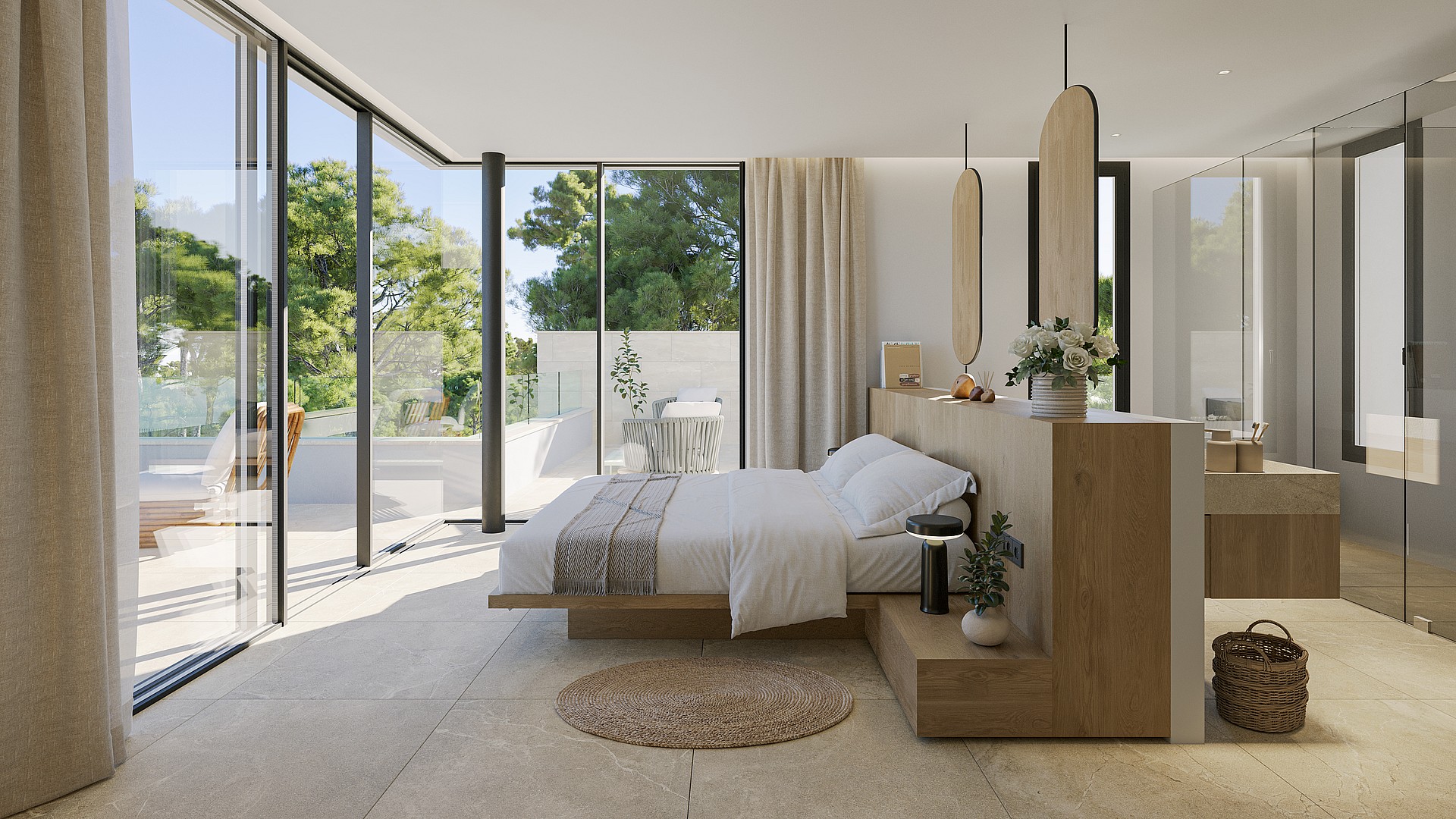 Modern master bedroom with floating bed, stone flooring, and floor-to-ceiling windows leading to a private terrace.