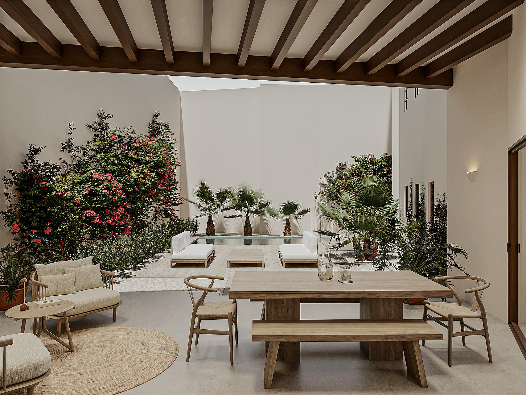 Covered outdoor porch with dining table, lounge seating and a beamed ceiling, opening to a timber deck, planted garden and private pool.