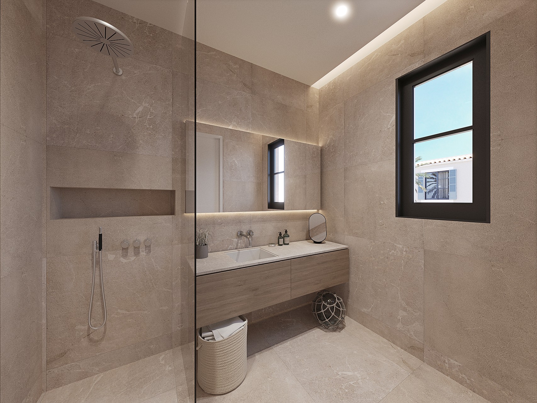 Salle de bain habillée de pierre naturelle avec douche à l'italienne et double vasque en bois