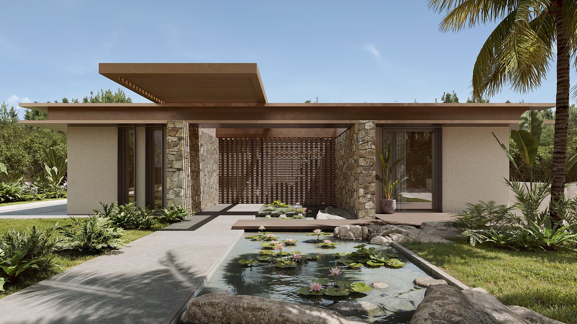 Modern single-story villa exterior featuring a stone facade, wooden slatted entry screen, and a lily pond in the foreground.