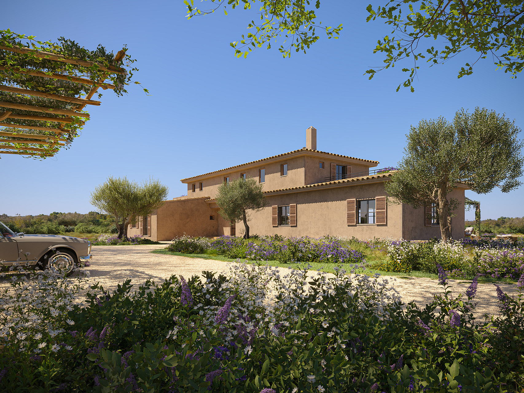 Exterior view of a traditional stone finca with natural terracotta walls, wooden shutters, and a gravel driveway.