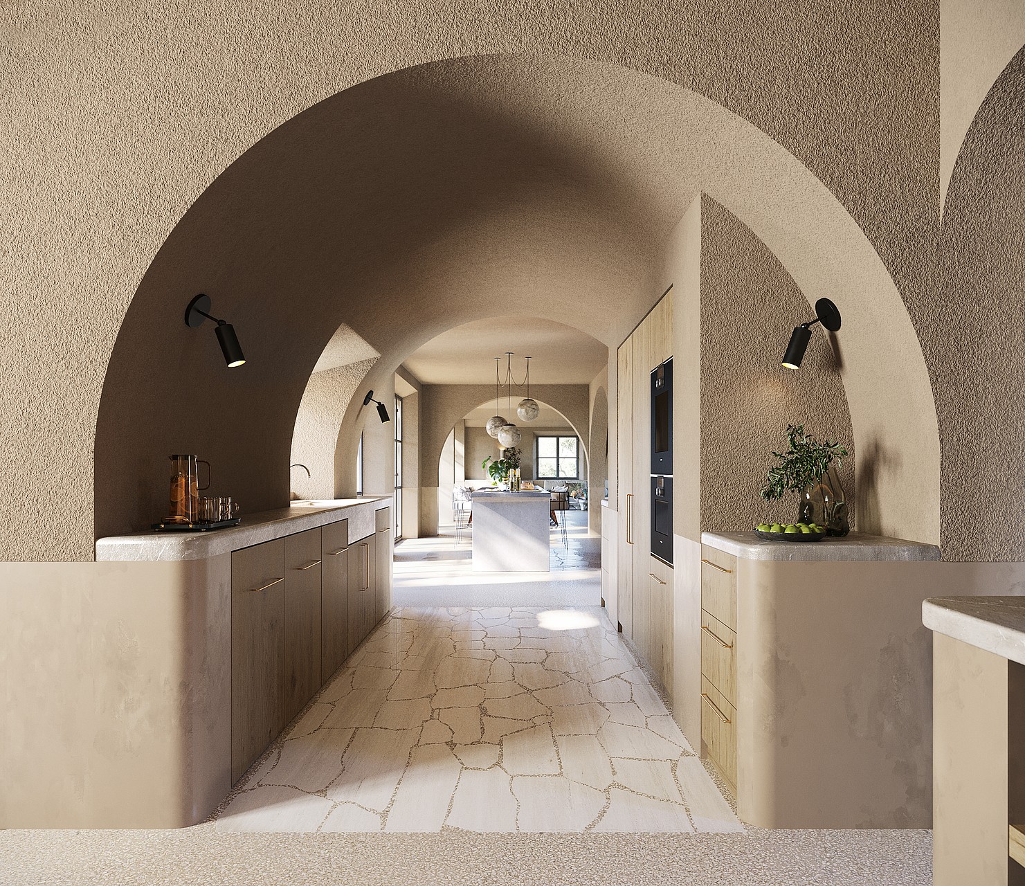 Interior view of a kitchen featuring a large stone vaulted ceiling, textured plaster walls, and light-toned cabinetry.