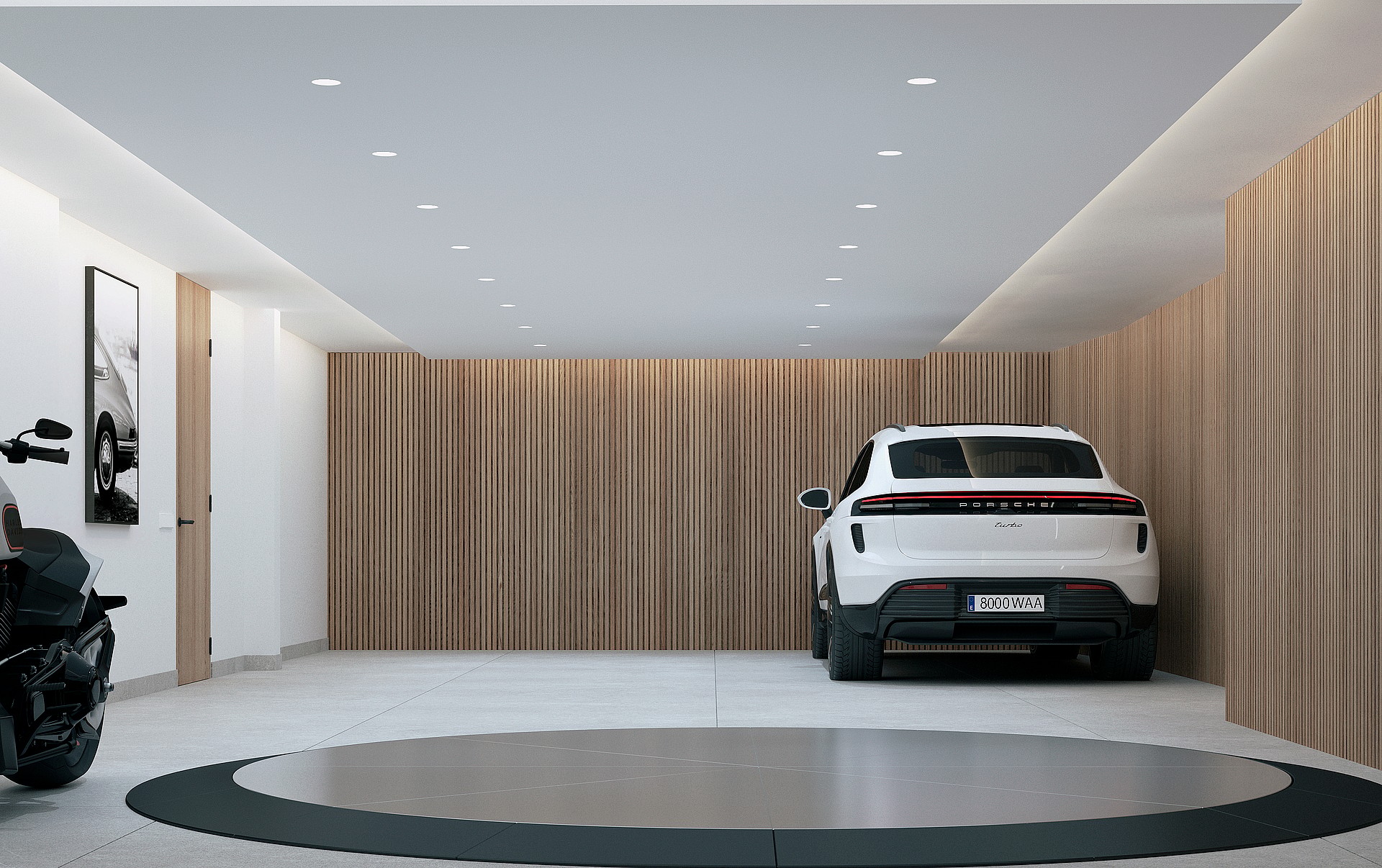 Wide view of a clean modern garage featuring a circular vehicle turntable, slatted oak wall paneling, and recessed lighting.