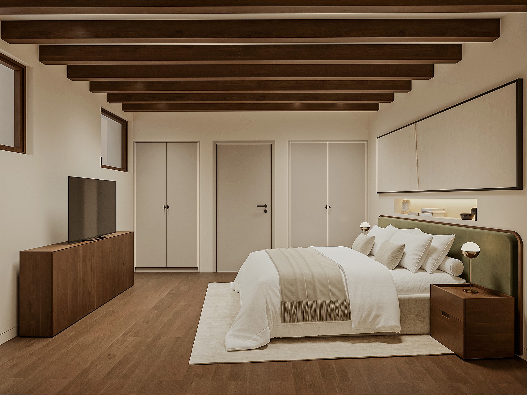 Double bedroom with green upholstered headboard, beamed ceiling, fitted wardrobes and an open door revealing a staircase with iron balustrade.