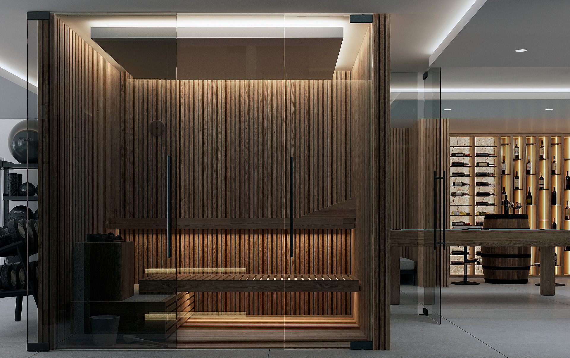 Interior view showing a glass-enclosed sauna with vertical timber slats and a back-lit wine display area behind glass partitions.