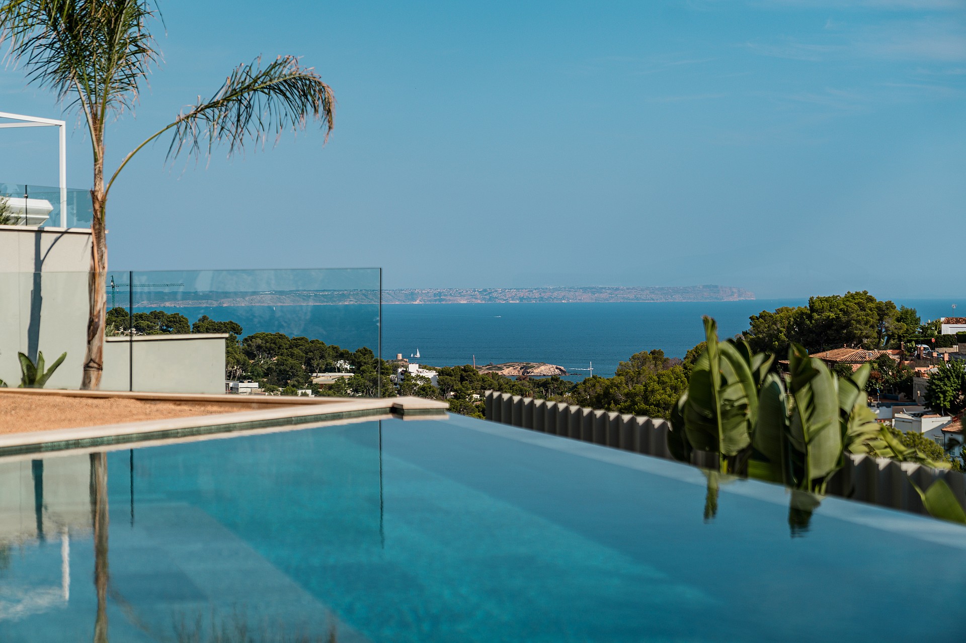 An infinity-edge swimming pool with clear blue water, glass balustrade, and palm tree, set against a coastal horizon.