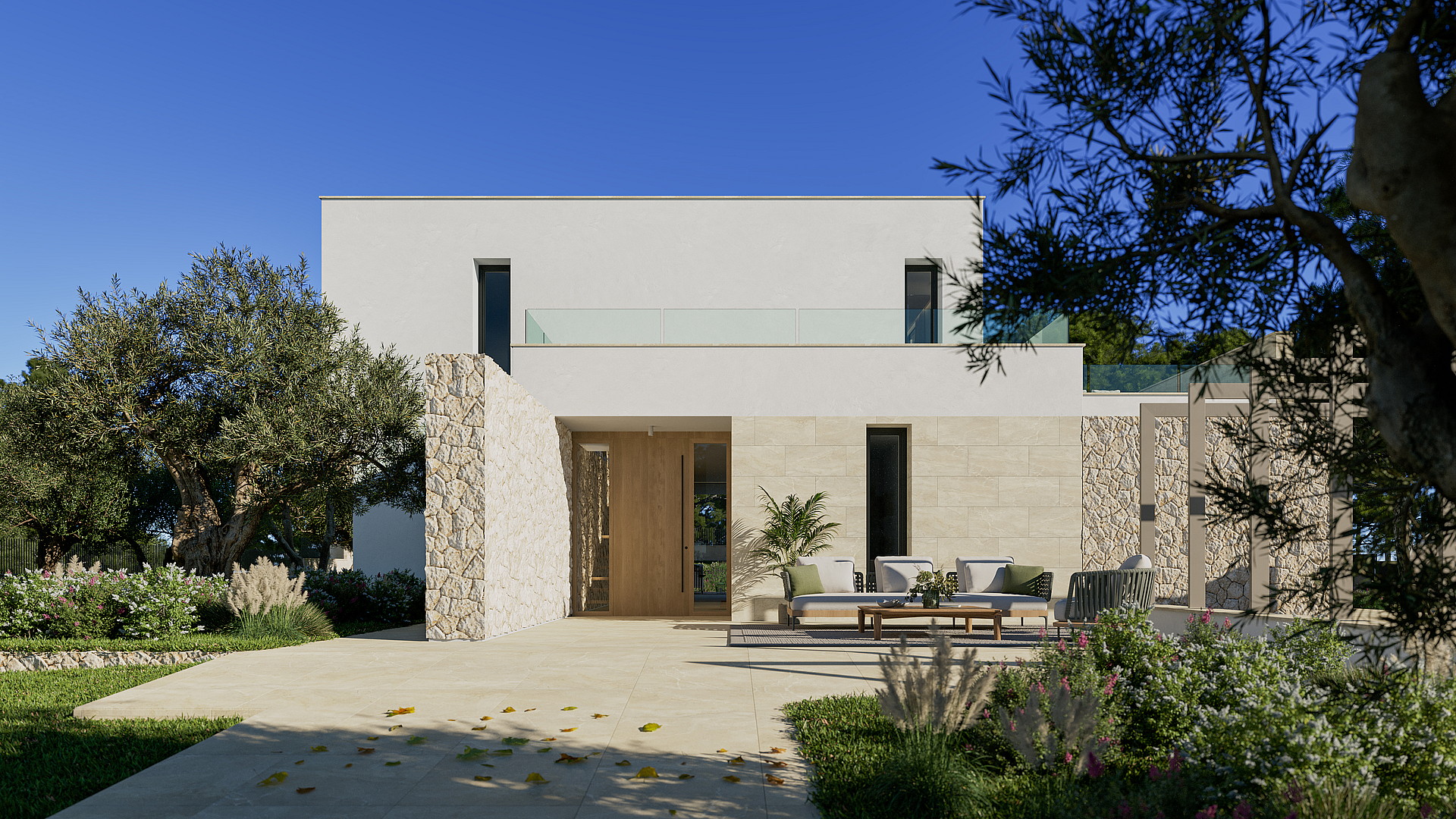 Modern villa exterior with white render and natural stone cladding, featuring a terrace area and olive trees under bright sun.