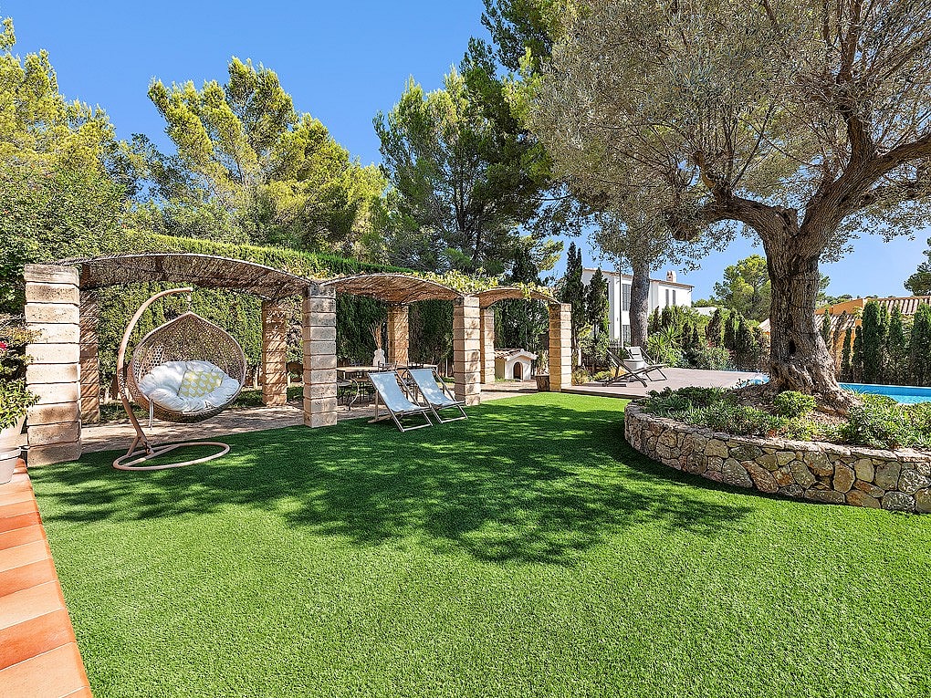 A green manicured lawn with a stone pergola, hanging wicker swing chair, and an mature olive tree in a sunny garden.