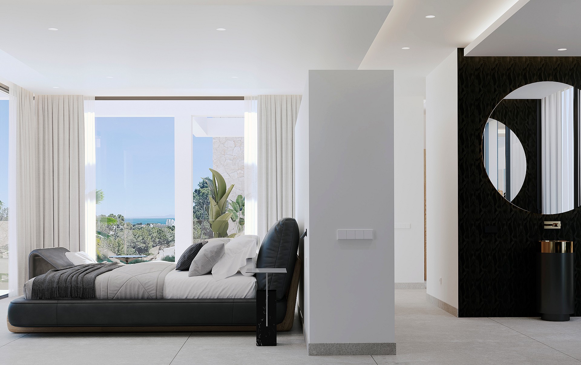 A modern master bedroom featuring a dark textured accent wall with a circular mirror and a pedestal sink.