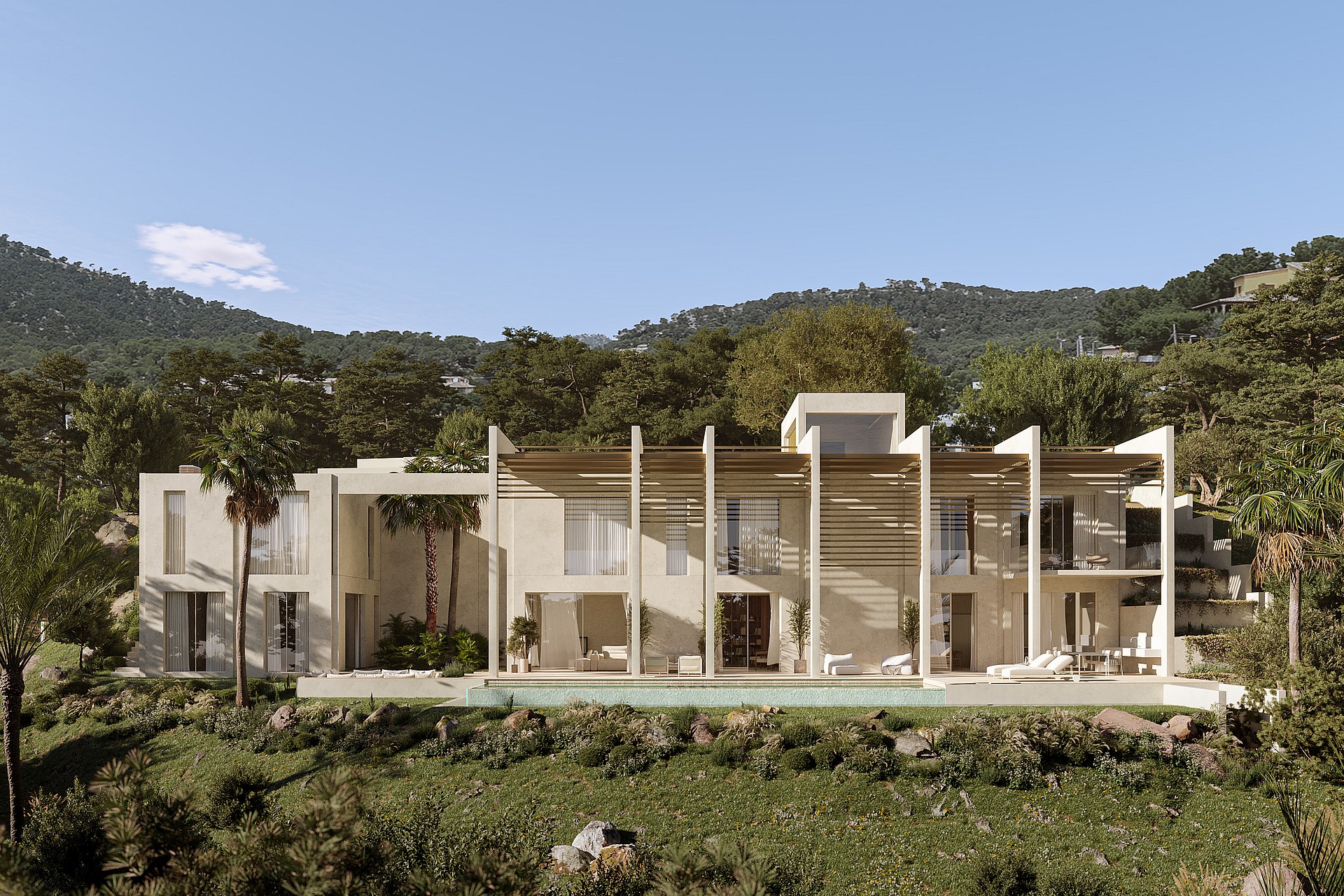 A two-story contemporary villa featuring white concrete pillars, wooden slats, glass walls, and a front swimming pool.